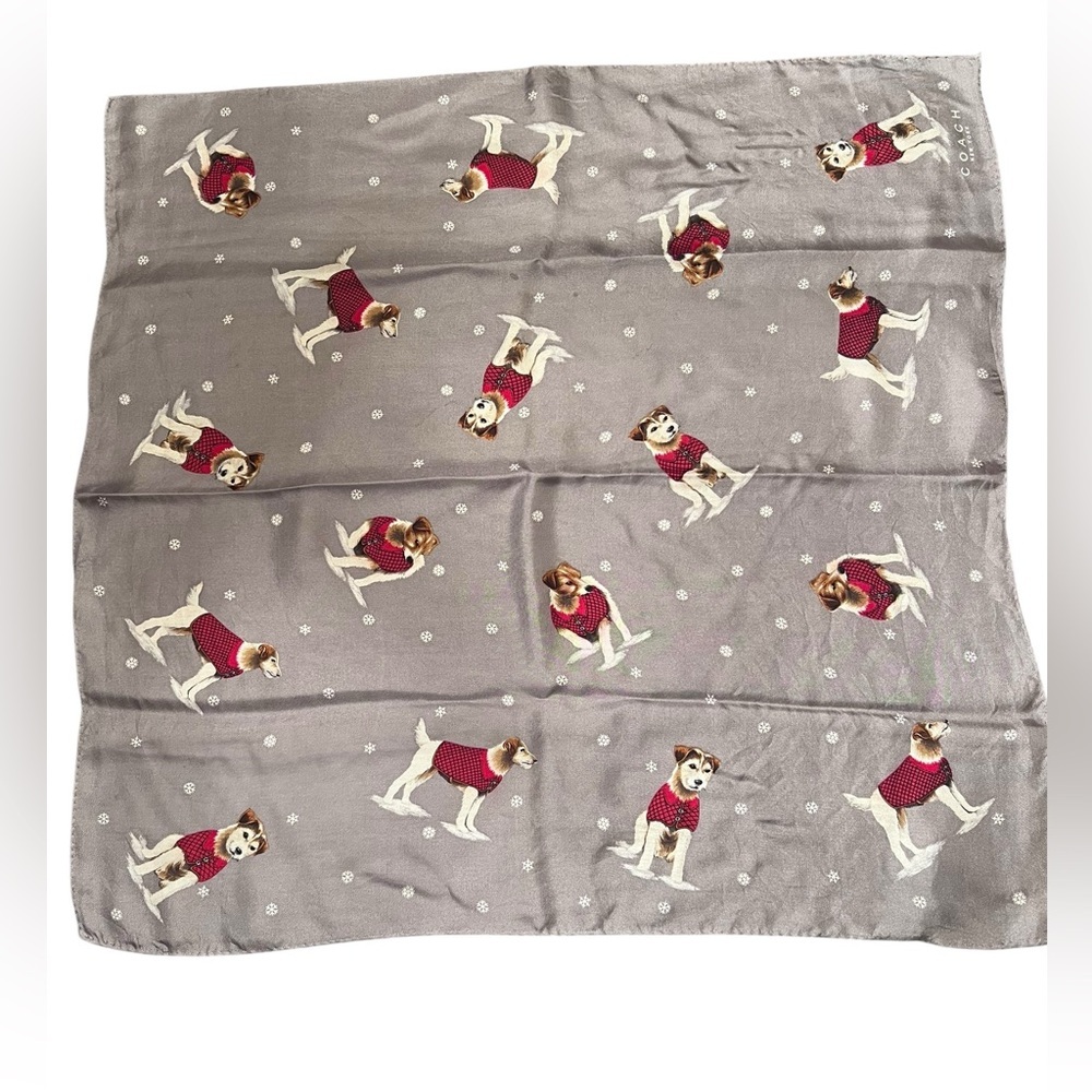 Coach silk scarf with dog winter snowflake pattern, vintage